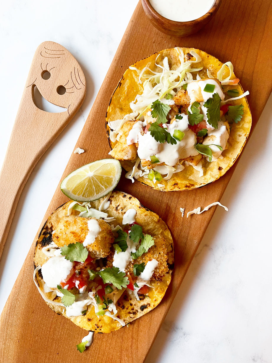Air-Fried Fish Tacos with Creamy Cilantro Lime Sauce