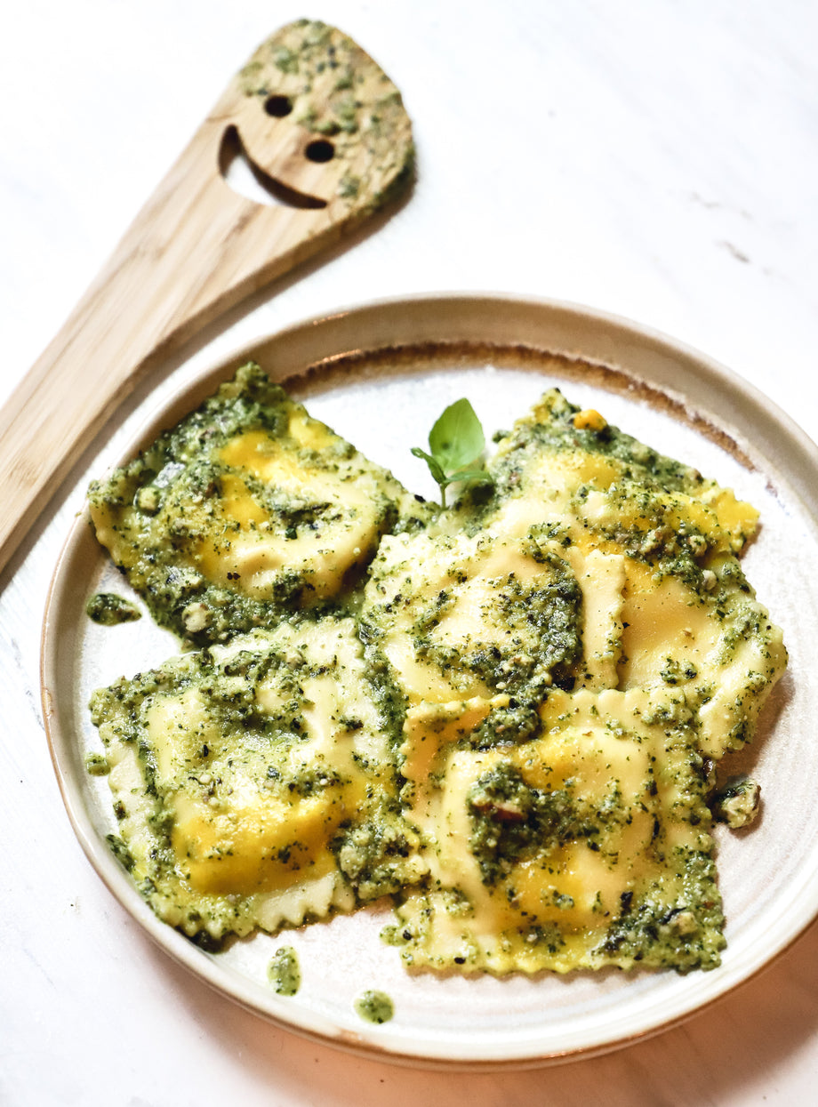 Sweet Corn & Burrata Ravioli with Artichoke Pesto