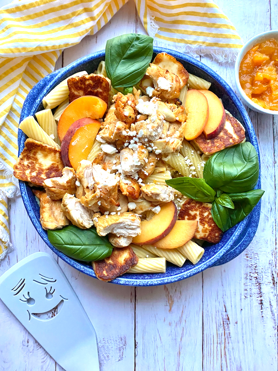 Peach Chicken Pasta with Halloumi