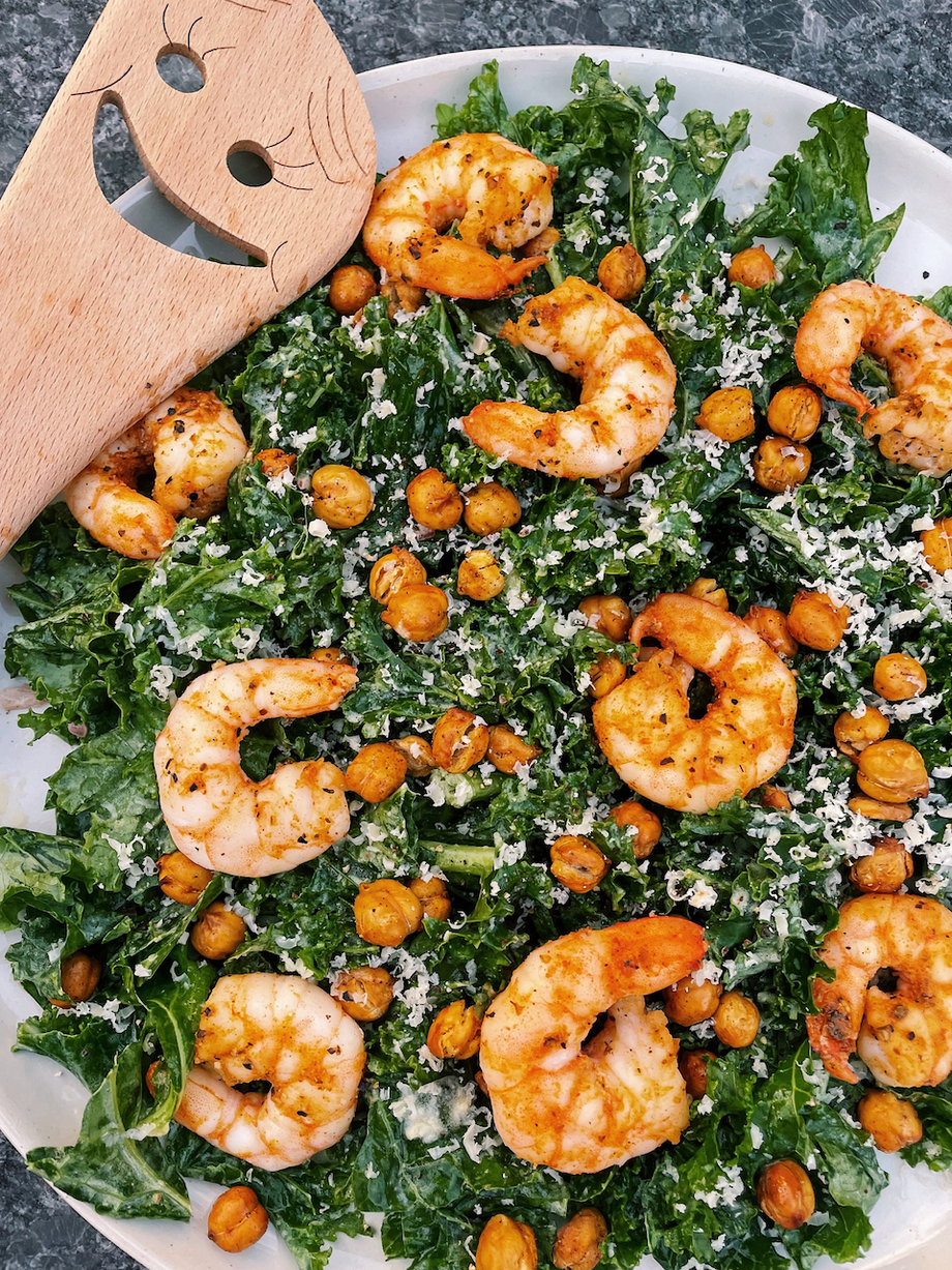 Kale Caesar Salad with Crispy Chickpea Croutons