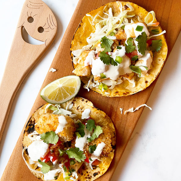 Air-Fried Fish Tacos with Creamy Cilantro Lime Sauce