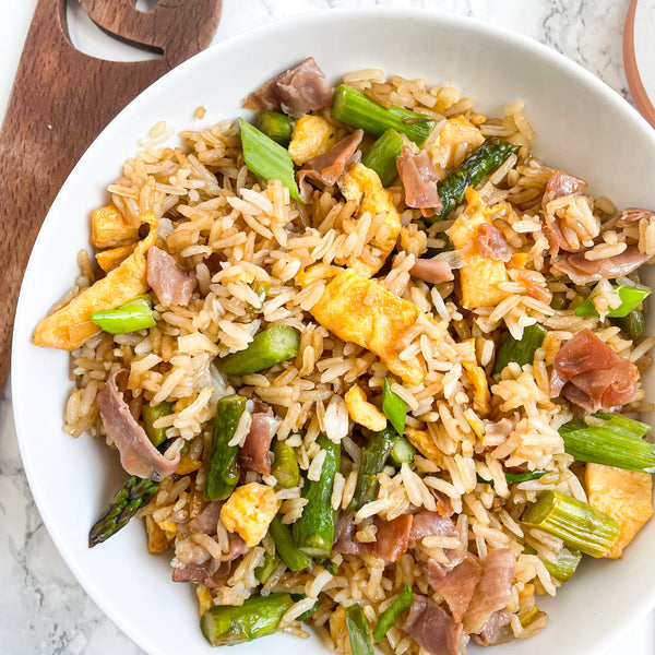 Spring Vegetable Fried Rice with Crispy Prosciutto