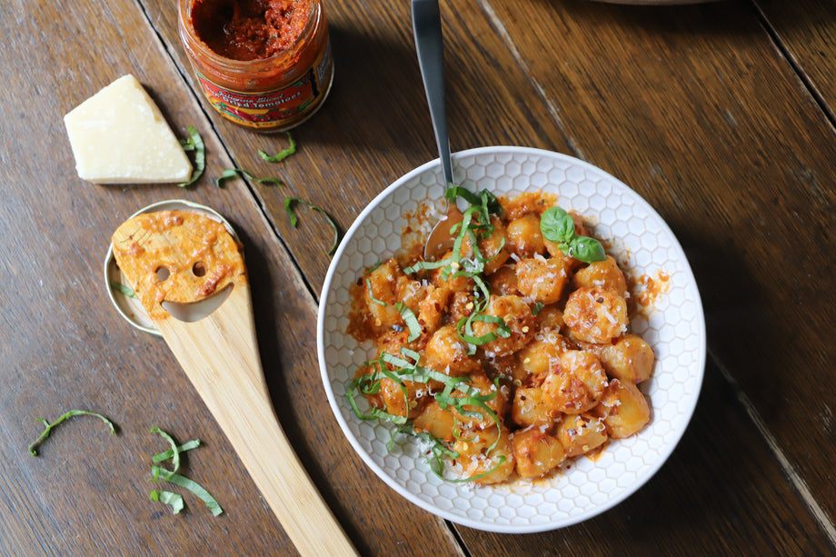 Sun Dried Tomato Pesto Cauliflower Gnocchi with Shrimp