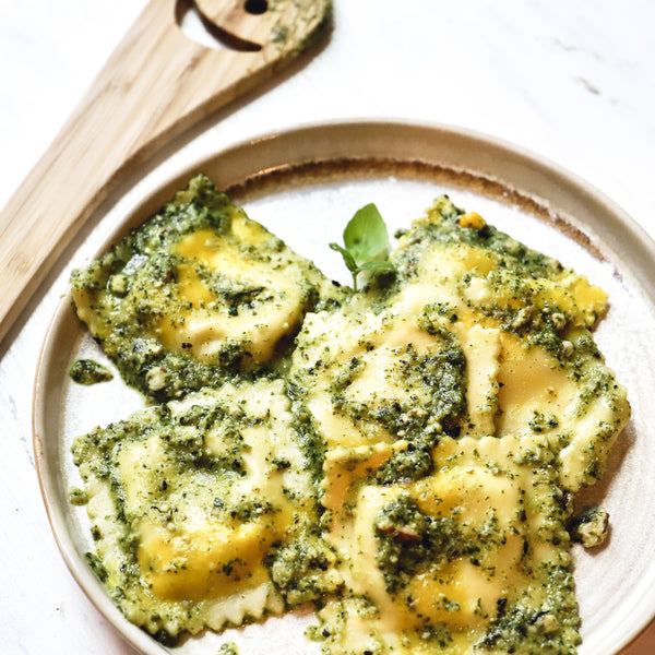 Sweet Corn & Burrata Ravioli with Artichoke Pesto