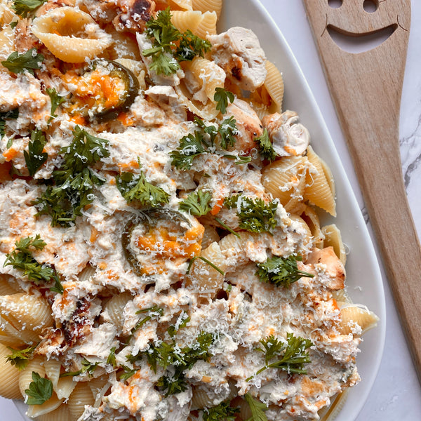 Roasted Hatch Chile & Jalapeño Cheese Pasta Bake