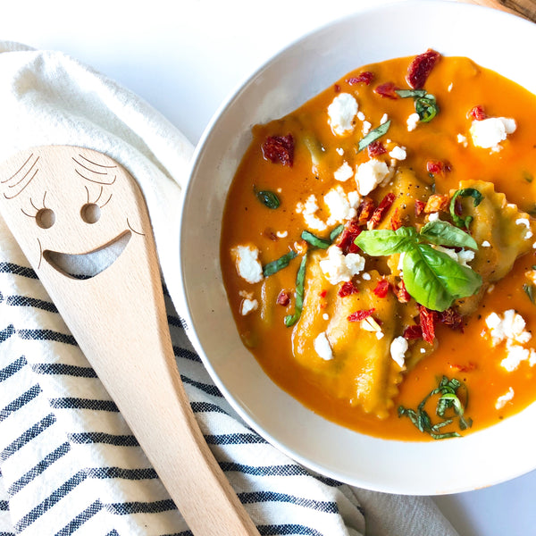 Tomato Ravioli Soup with Goat Cheese & Sun Dried Tomatoes