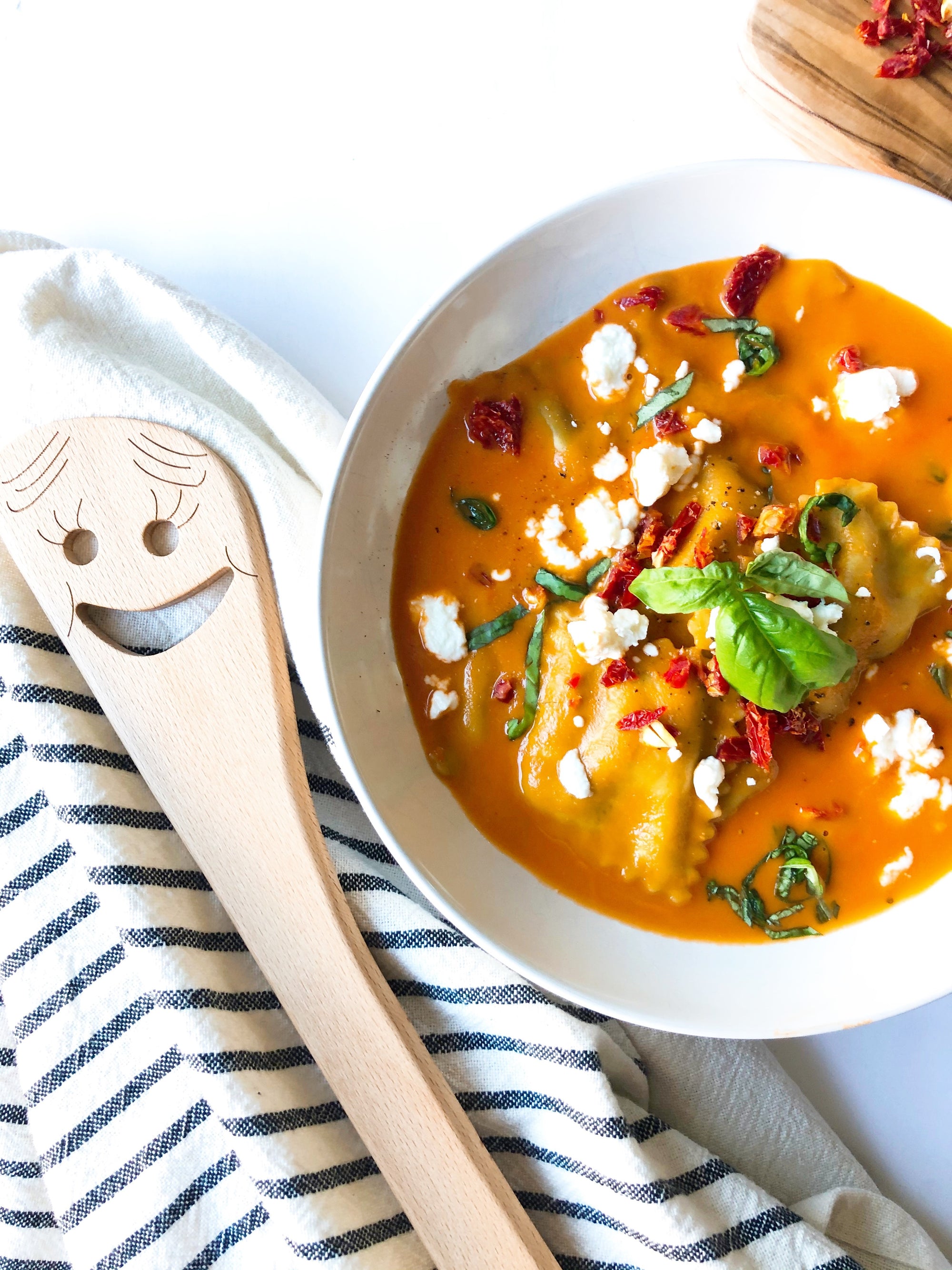 Tomato Ravioli Soup with Goat Cheese & Sun Dried Tomatoes