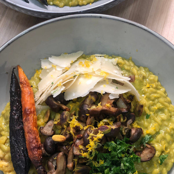 Asparagus Risotto with Mushrooms and Toasted Pistachios