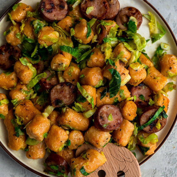 Sweet Potato Gnocchi with Shaved Brussels and Chicken Sausage