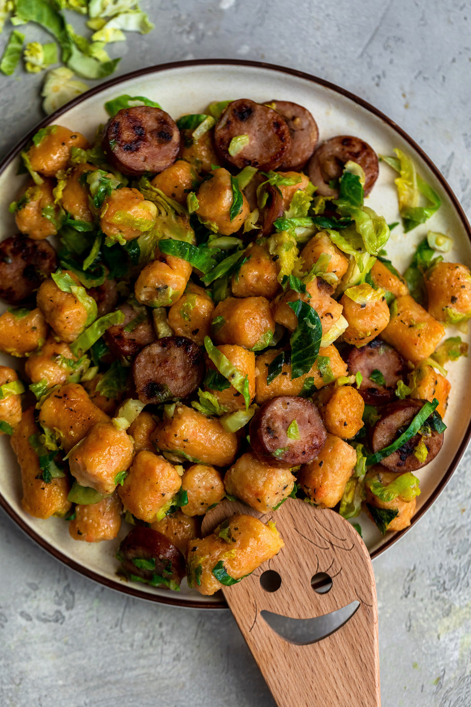 Sweet Potato Gnocchi with Shaved Brussels and Chicken Sausage